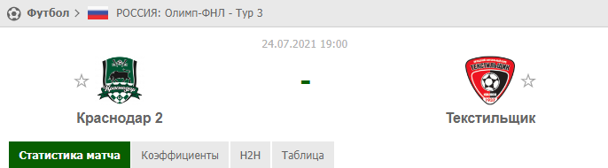 Прогноз на матч Краснодар 2 - Текстильщик